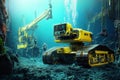 Underwater robots explore sunken structures in a deep ocean environment for research