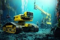 Underwater robots explore sunken structures in a deep ocean environment for research