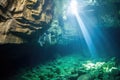 underwater rock formation in a sunlight filtered cave