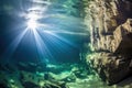 underwater rock formation in a sunlight filtered cave