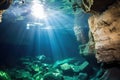 underwater rock formation in a sunlight filtered cave