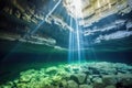 underwater rock formation in a sunlight filtered cave