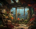 an underwater room with lots of plants and fish