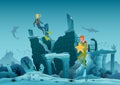 Underwater ruins of the old city. Diver explorers and reef underwater wildlife. Silhouette of coral reef with fish and Royalty Free Stock Photo