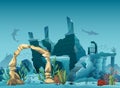 Underwater ruins of the old city and sandstone arch. Silhouette of blue sea background. Natural underwater seascape