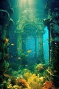 Underwater ruins. Scuba columns and hallways in the ocean. Shipwreck with fish. Deep sea exploration.