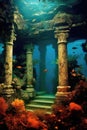 Underwater ruins. Scuba columns and hallways in the ocean. Shipwreck with fish. Deep sea exploration.