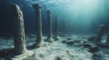 Underwater ruins with standing columns and scattered debris on the ocean floor under sunlight rays Royalty Free Stock Photo