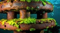 Underwater Rusty Metal Structure Covered With Green Algae and Visible Air Bubbles Royalty Free Stock Photo