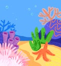 Underwater scene background with coral reads, rocks, corals, sea star, bubbles. Kids illustration background under the Royalty Free Stock Photo