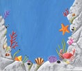 Underwater scene with beautiful fishes, shells, crabs, starfish and corals. On blue background. Space for text