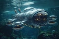 Underwater scene with big sci-fi fantastic submarine.