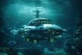 Underwater scene with big sci-fi fantastic submarine.