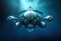 Underwater scene with big sci-fi fantastic submarine.