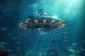 Underwater scene with big sci-fi fantastic submarine.