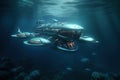 Underwater scene with big sci-fi fantastic submarine.