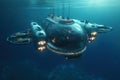 Underwater scene with big sci-fi fantastic submarine.