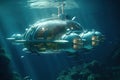 Underwater scene with big sci-fi fantastic submarine.