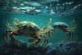 Underwater scene with a blue crab swimming under water. 3d render