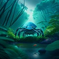 Underwater scene with a blue crab swimming in the water. 3d rendering Generative AI Royalty Free Stock Photo