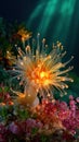 Underwater scene of a bubble-tip anemone with light rays shining onto the surrounding vibrant reef flora. Royalty Free Stock Photo