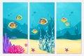 Underwater scene cartoon flat background with fish, sand, seaweed, coral, starfish. Ocean sea life, cute vertical banner