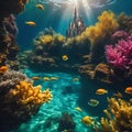 underwater scene with castle and fish below the water line at sea