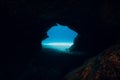 Underwater scene with cave in blue ocean Royalty Free Stock Photo