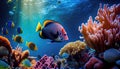 fish groups and sunny sky shining through clean ocean water.