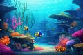 Underwater scene with coral reef and fish - illustration for children, beautiful underwater scenery with various types of fish and Royalty Free Stock Photo