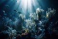 an underwater scene of a coral reef with a fish swimming by in the background of the image is a ray of light coming through the Royalty Free Stock Photo