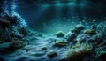 an underwater scene of a coral reef with a lot of fish and algaes on the bottom of the water, with sunlight streaming through the Royalty Free Stock Photo