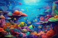 Underwater scene with coral reef and tropical fish. 3d illustration, An underwater world teeming with diverse marine life, AI Royalty Free Stock Photo