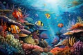 Underwater scene with coral reef and tropical fish. 3d render, An underwater scene teeming with vibrant marine life, AI Generated Royalty Free Stock Photo