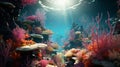 Underwater scene with corals and many fish on blue underwater background