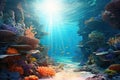 Underwater scene with corals and tropical fish. 3d render, Underwater world. Fantasy landscape of the underwater world. 3D