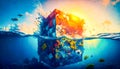 An underwater scene with cube floating in the water. Generative AI Royalty Free Stock Photo
