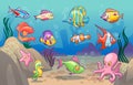 Underwater scene. Cute sea tropical fishes ocean underwater animals. Undersea bottom with corals seaweeds kids concept