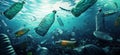 Underwater scene depicting plastic pollution with floating bottles and debris Royalty Free Stock Photo