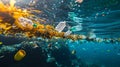 Underwater scene with a distressing sight of plastic waste pollution in the ocean depths. Royalty Free Stock Photo