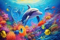 Underwater scene with dolphins and tropical fish - illustration for children, Dolphin with group of colorful fish and sea animals Royalty Free Stock Photo