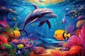 Underwater scene with dolphins and tropical fish. Illustration for children, Dolphin with a group of colorful fish and sea animals Royalty Free Stock Photo