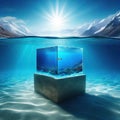 underwater scene with empty stone pedestal for product