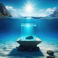 underwater scene with empty stone pedestal for product