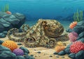 Underwater scene features a camouflage-patterned octopus amidst Royalty Free Stock Photo