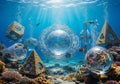 Underwater scene featuring artificial geometric structures, Royalty Free Stock Photo