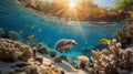 A Fantasy Underwater World: Hedgehog Swimming Among Coral Reef and Tropical Fish with Sun Light Royalty Free Stock Photo