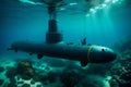 An underwater scene featuring a high-tech submarine exploring the depths of the ocean,