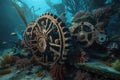 Underwater scene featuring a variety of marine life interacting with submerged gear wheels