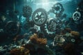 Underwater scene featuring a variety of marine life interacting with submerged gear wheels